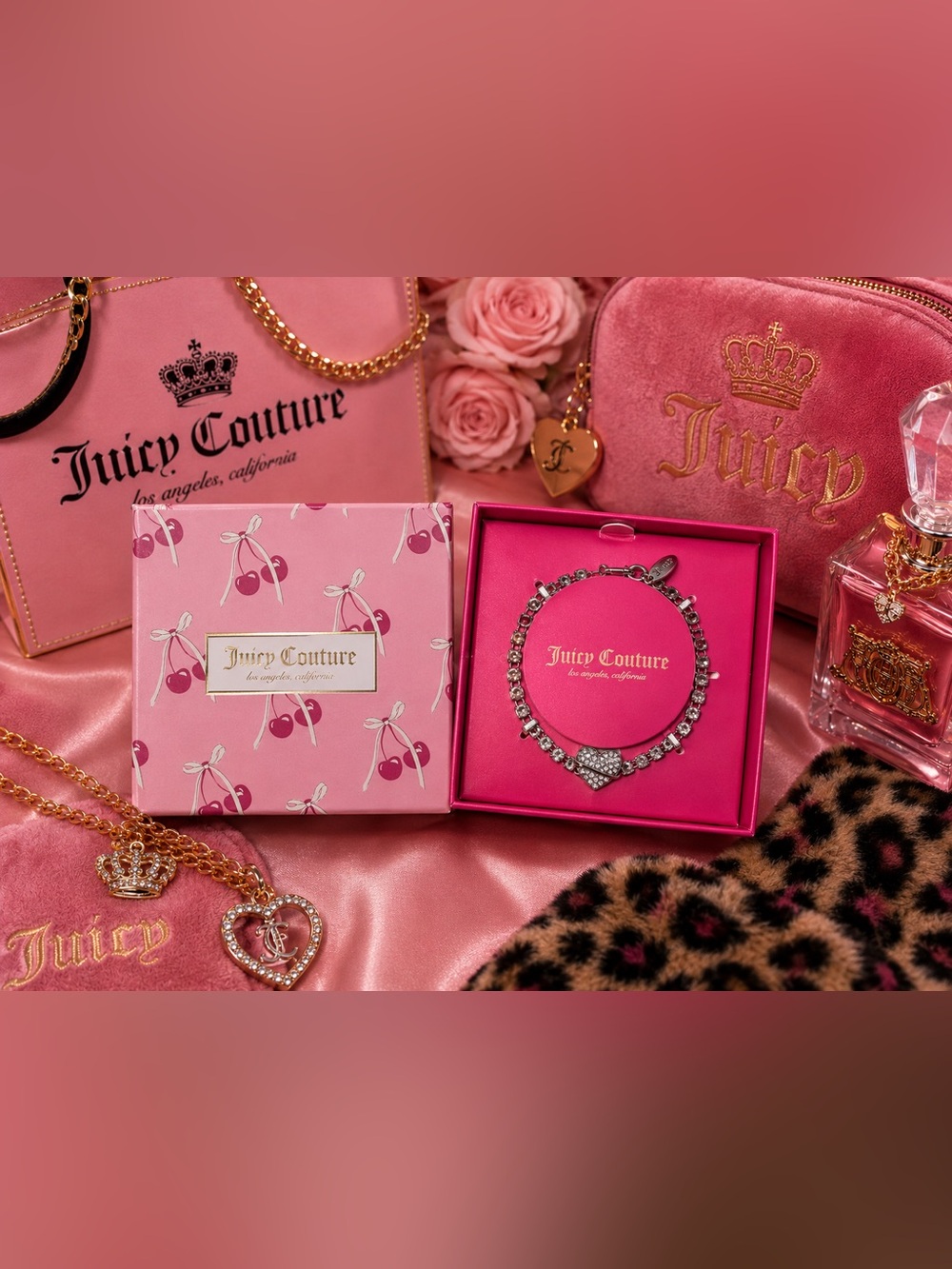 NIB Juicy Couture Silver Crystal Tennis Bracelet Puffy Heart Charm